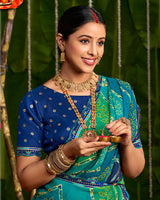 Vishal Prints Teal Blue And Jade Green Printed Chiffon Traditional Print Saree With Cut Work Embroidery Border