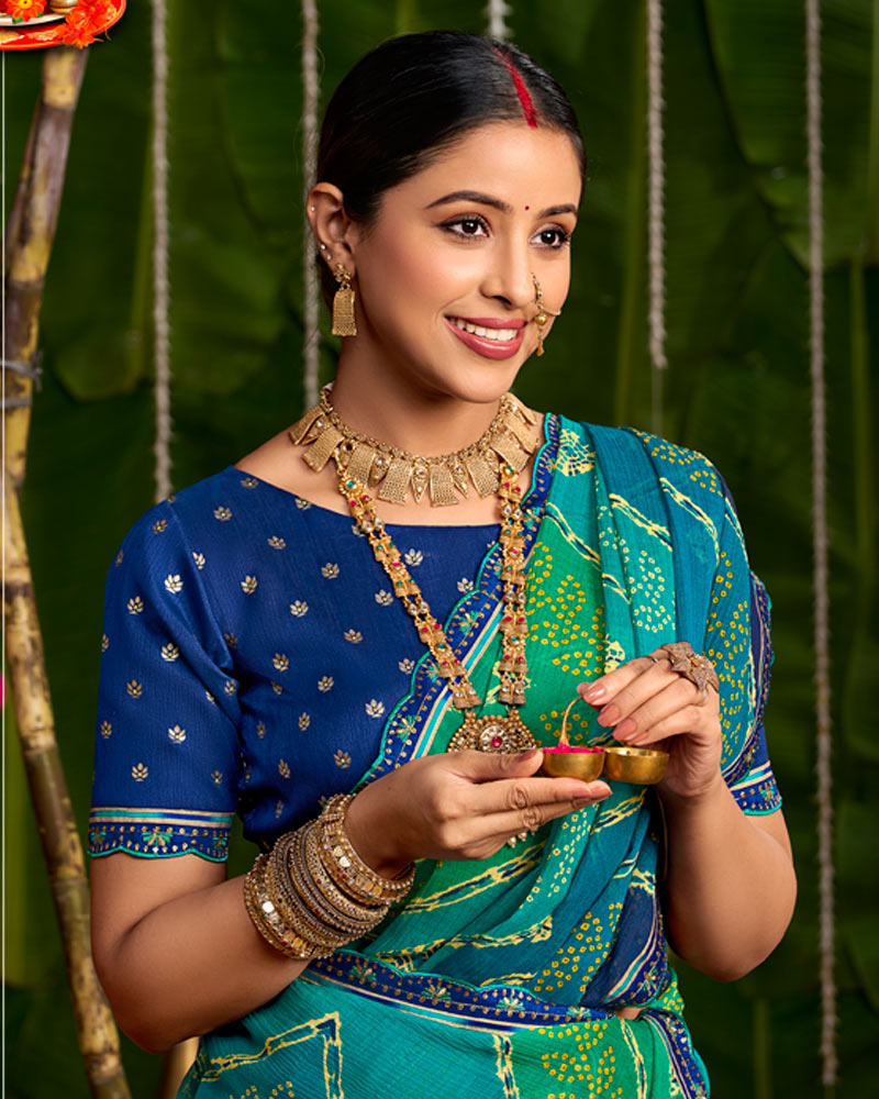 Vishal Prints Teal Blue And Jade Green Printed Chiffon Traditional Print Saree With Cut Work Embroidery Border