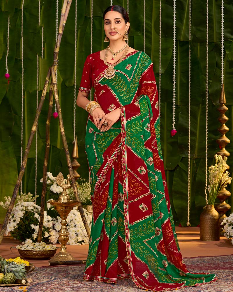 Vishal Prints Dark Green And Dark Red Printed Chiffon Traditional Print Saree With Cut Work Embroidery Border