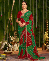 Vishal Prints Dark Green And Dark Red Printed Chiffon Traditional Print Saree With Cut Work Embroidery Border