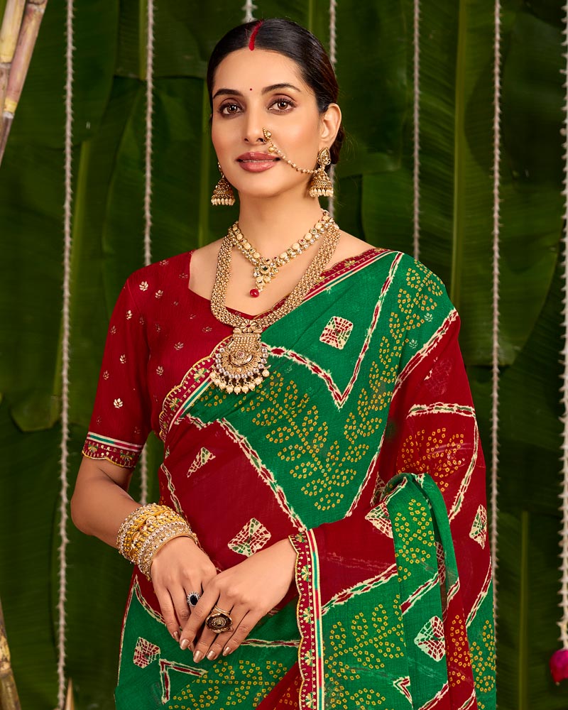 Vishal Prints Dark Green And Dark Red Printed Chiffon Traditional Print Saree With Cut Work Embroidery Border