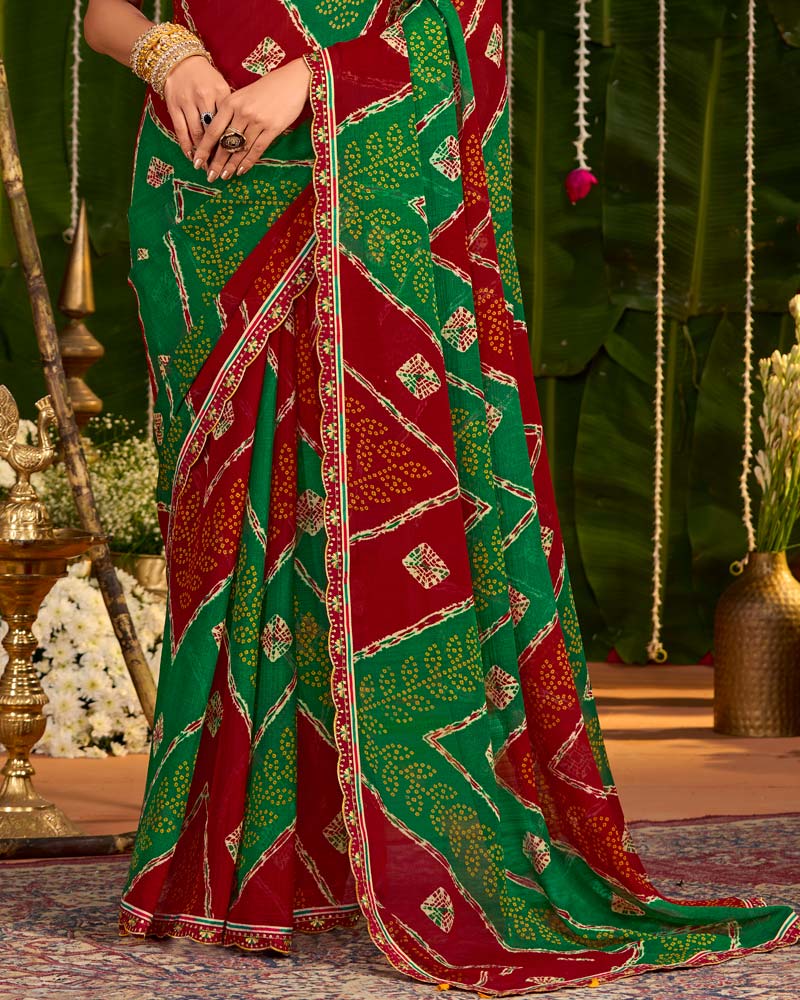 Vishal Prints Dark Green And Dark Red Printed Chiffon Traditional Print Saree With Cut Work Embroidery Border