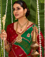 Vishal Prints Dark Green And Dark Red Printed Chiffon Traditional Print Saree With Cut Work Embroidery Border