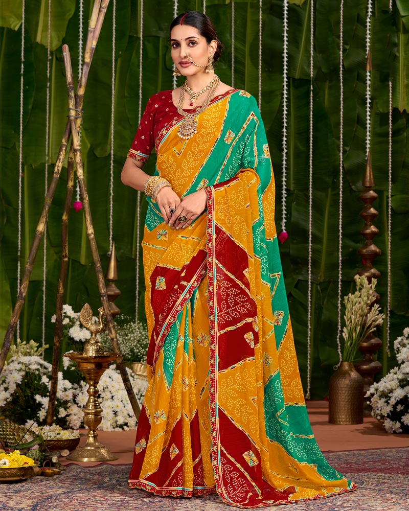 Vishal Prints Dusty Orange And Teal Green Printed Chiffon Traditional Print Saree With Cut Work Embroidery Border