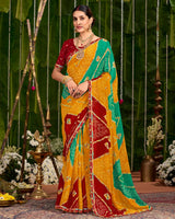 Vishal Prints Dusty Orange And Teal Green Printed Chiffon Traditional Print Saree With Cut Work Embroidery Border