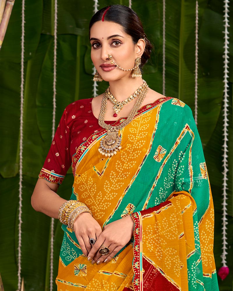 Vishal Prints Dusty Orange And Teal Green Printed Chiffon Traditional Print Saree With Cut Work Embroidery Border