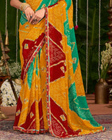 Vishal Prints Dusty Orange And Teal Green Printed Chiffon Traditional Print Saree With Cut Work Embroidery Border