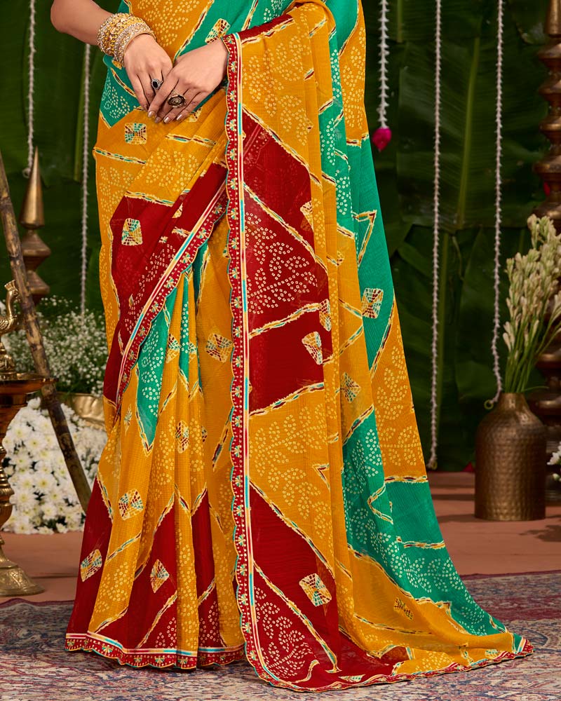 Vishal Prints Dusty Orange And Teal Green Printed Chiffon Traditional Print Saree With Cut Work Embroidery Border