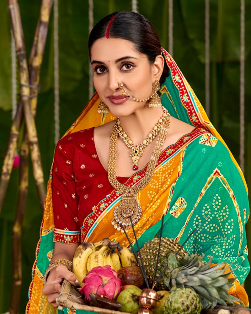 Vishal Prints Dusty Orange And Teal Green Printed Chiffon Traditional Print Saree With Cut Work Embroidery Border