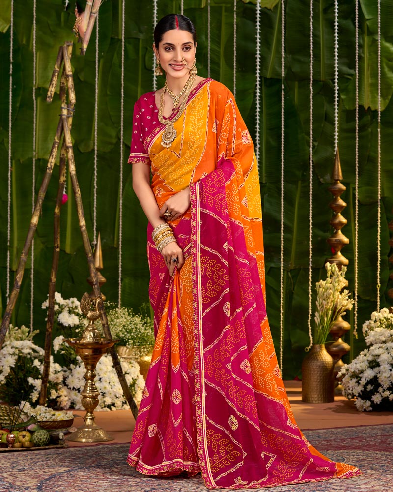 Vishal Prints Bright Orange And Raspberry Pink Printed Chiffon Traditional Print Saree With Cut Work Embroidery Border