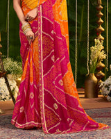 Vishal Prints Bright Orange And Raspberry Pink Printed Chiffon Traditional Print Saree With Cut Work Embroidery Border