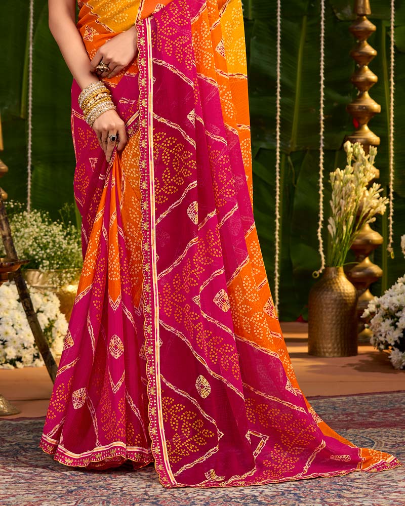 Vishal Prints Bright Orange And Raspberry Pink Printed Chiffon Traditional Print Saree With Cut Work Embroidery Border