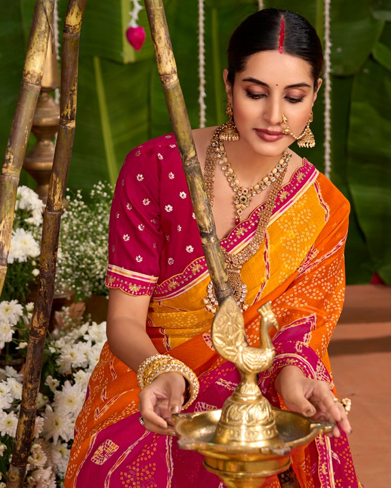 Vishal Prints Bright Orange And Raspberry Pink Printed Chiffon Traditional Print Saree With Cut Work Embroidery Border