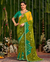Vishal Prints Mehandi Green And Yellow Orange Printed Chiffon Traditional Print Saree With Cut Work Embroidery Border