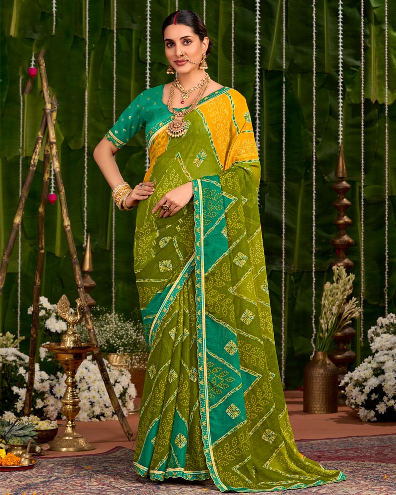 Vishal Prints Mehandi Green And Yellow Orange Printed Chiffon Traditional Print Saree With Cut Work Embroidery Border