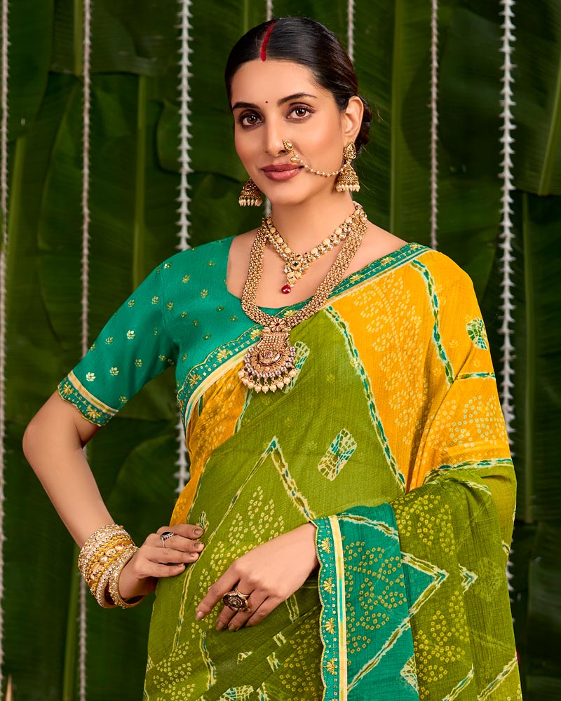 Vishal Prints Mehandi Green And Yellow Orange Printed Chiffon Traditional Print Saree With Cut Work Embroidery Border
