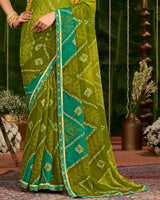 Vishal Prints Mehandi Green And Yellow Orange Printed Chiffon Traditional Print Saree With Cut Work Embroidery Border
