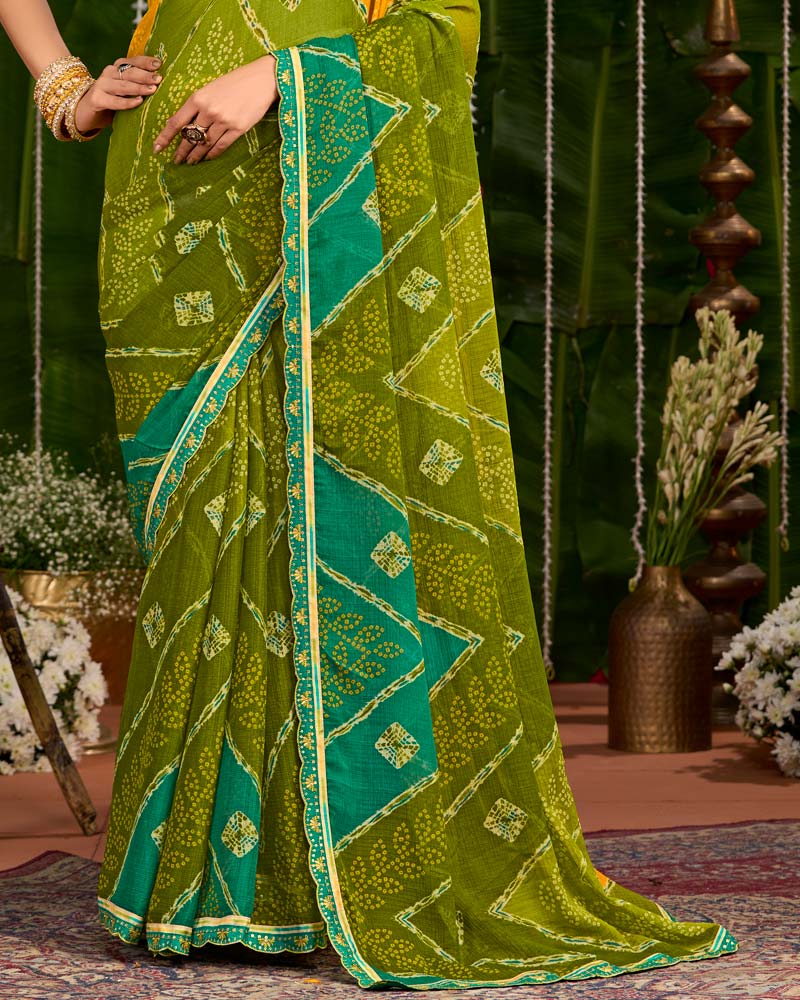 Vishal Prints Mehandi Green And Yellow Orange Printed Chiffon Traditional Print Saree With Cut Work Embroidery Border