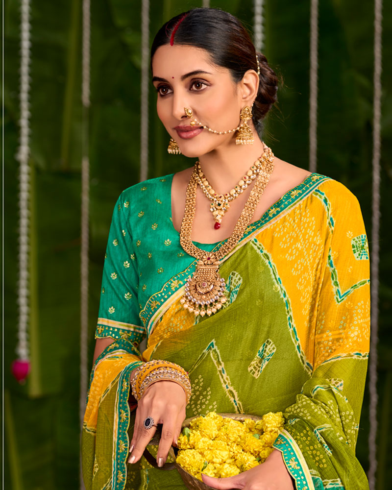 Vishal Prints Mehandi Green And Yellow Orange Printed Chiffon Traditional Print Saree With Cut Work Embroidery Border