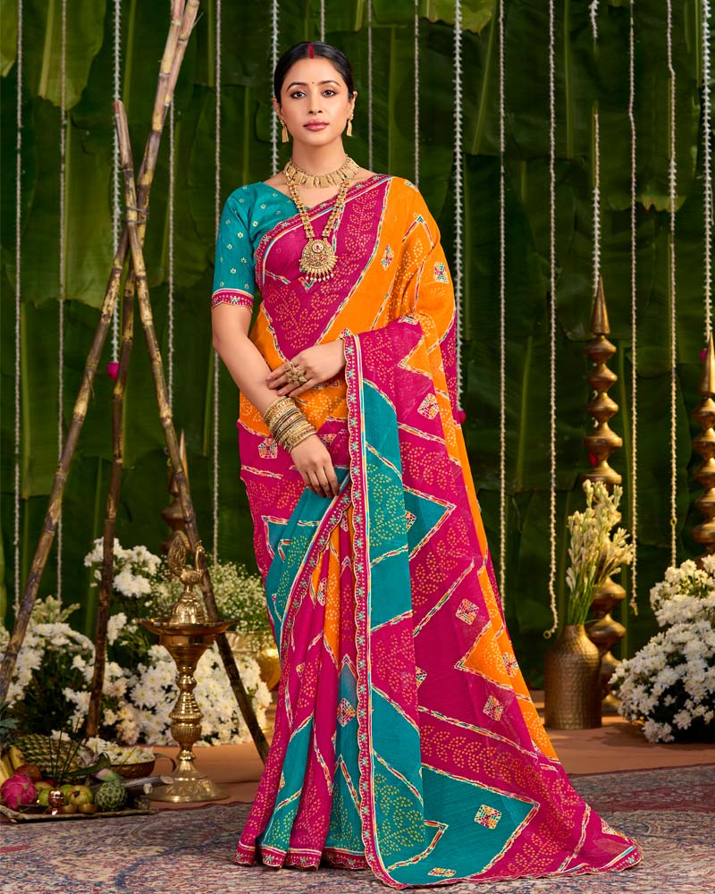 Vishal Prints Burnt Pink And Papaya Orange Printed Chiffon Traditional Print Saree With Cut Work Embroidery Border