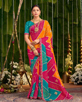 Vishal Prints Burnt Pink And Papaya Orange Printed Chiffon Traditional Print Saree With Cut Work Embroidery Border