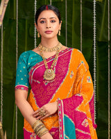 Vishal Prints Burnt Pink And Papaya Orange Printed Chiffon Traditional Print Saree With Cut Work Embroidery Border