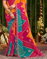 Vishal Prints Burnt Pink And Papaya Orange Printed Chiffon Traditional Print Saree With Cut Work Embroidery Border