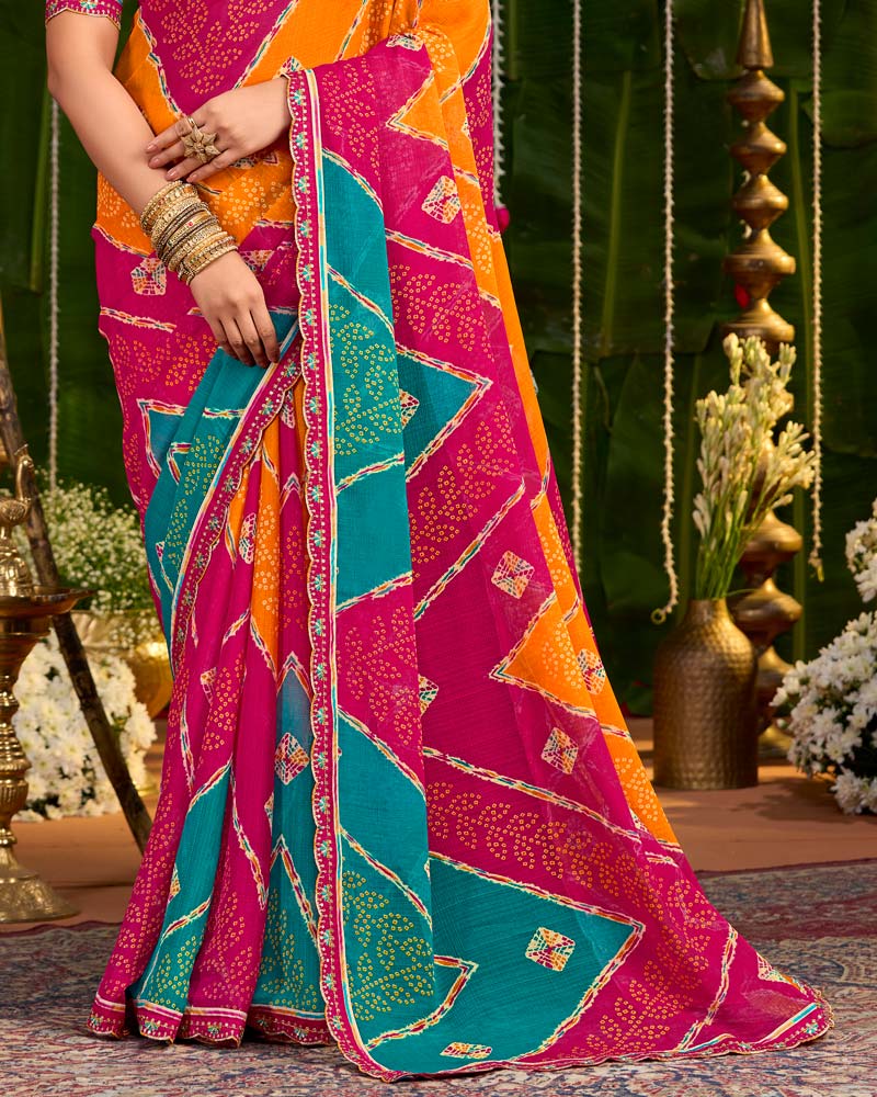 Vishal Prints Burnt Pink And Papaya Orange Printed Chiffon Traditional Print Saree With Cut Work Embroidery Border