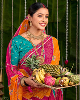 Vishal Prints Burnt Pink And Papaya Orange Printed Chiffon Traditional Print Saree With Cut Work Embroidery Border