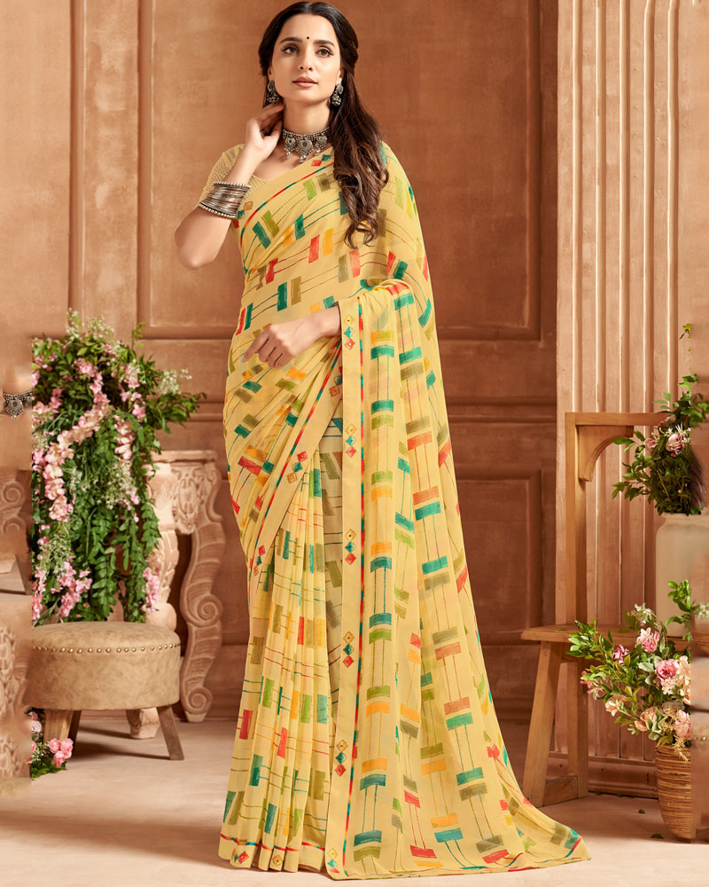Vishal Prints Light Mustard Printed Georgette Saree With Fancy Border