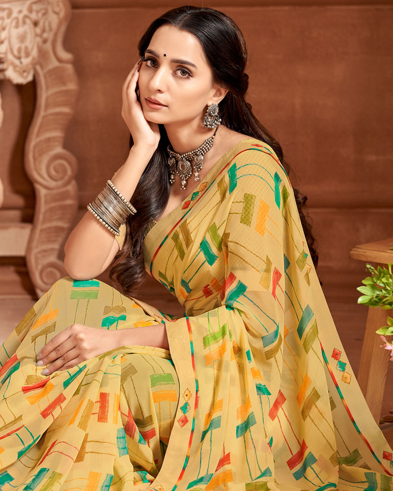 Vishal Prints Light Mustard Printed Georgette Saree With Fancy Border