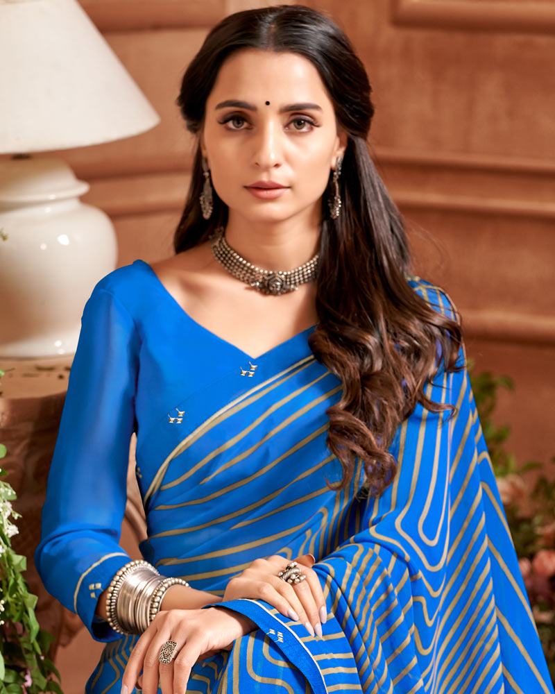 Vishal Prints Endeavour Blue Printed Georgette Saree With Fancy Border