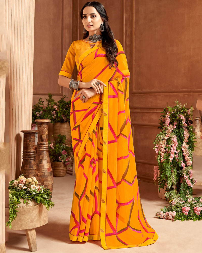 Vishal Prints Orange Printed Georgette Saree With Fancy Border