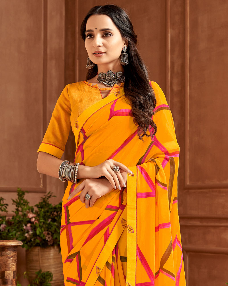 Vishal Prints Orange Printed Georgette Saree With Fancy Border