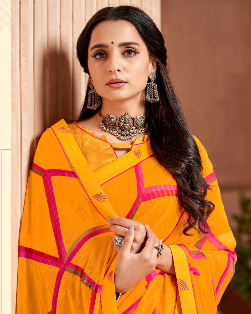 Vishal Prints Orange Printed Georgette Saree With Fancy Border