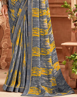 Vishal Prints Shuttle Grey Printed Georgette Saree With Fancy Border