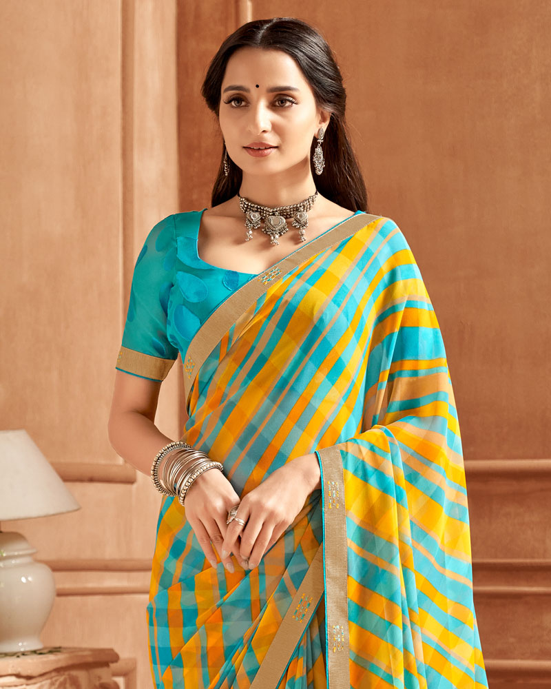 Vishal Prints Dark Turquoise Blue Printed Georgette Saree With Fancy Border