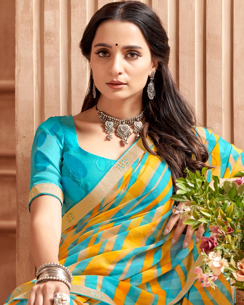 Vishal Prints Dark Turquoise Blue Printed Georgette Saree With Fancy Border