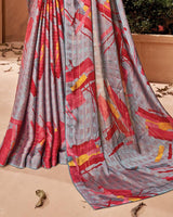Vishal Prints Cool Grey Printed Fancy Chiffon Saree With Core Piping