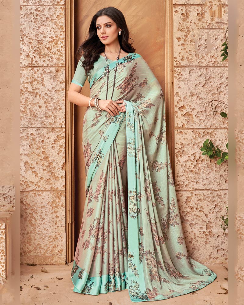 Vishal Prints Pastel Teal Blue Printed Fancy Chiffon Saree With Core Piping