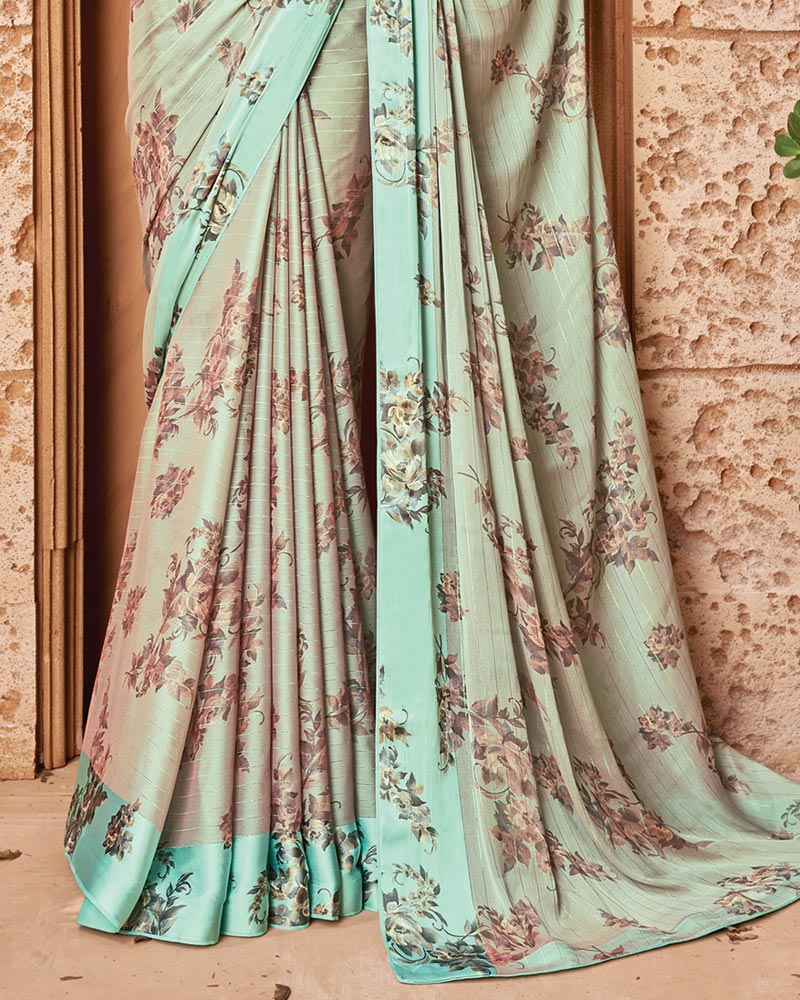 Vishal Prints Pastel Teal Blue Printed Fancy Chiffon Saree With Core Piping
