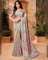 Vishal Prints Mist Green Printed Fancy Chiffon Saree With Core Piping