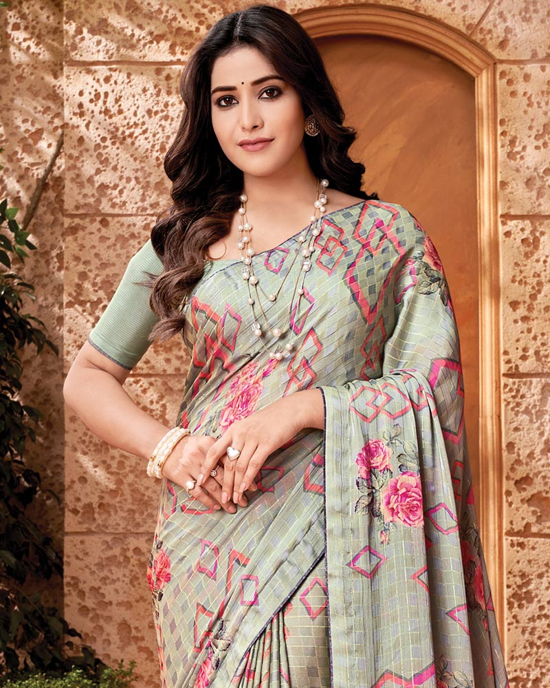 Vishal Prints Mist Green Printed Fancy Chiffon Saree With Core Piping