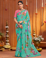 Vishal Prints Neptune Green Digital Print Georgette Saree With Fancy Border
