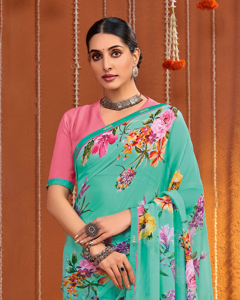 Vishal Prints Neptune Green Digital Print Georgette Saree With Fancy Border