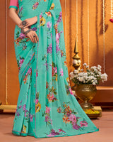Vishal Prints Neptune Green Digital Print Georgette Saree With Fancy Border