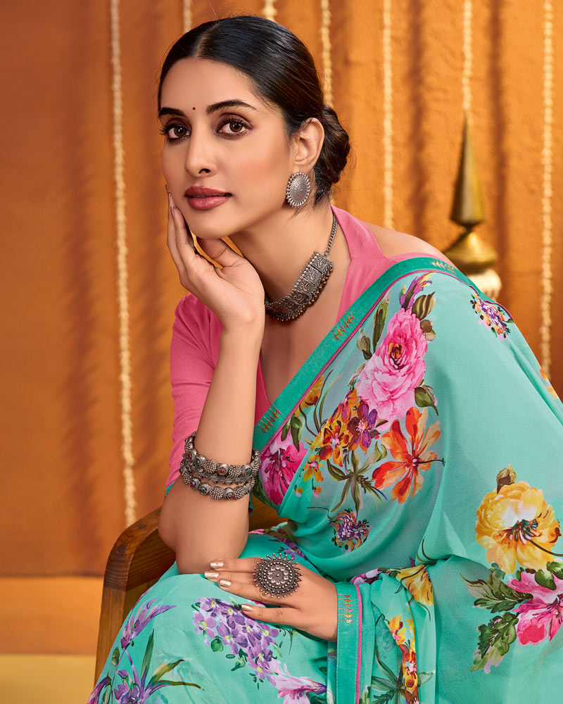 Vishal Prints Neptune Green Digital Print Georgette Saree With Fancy Border