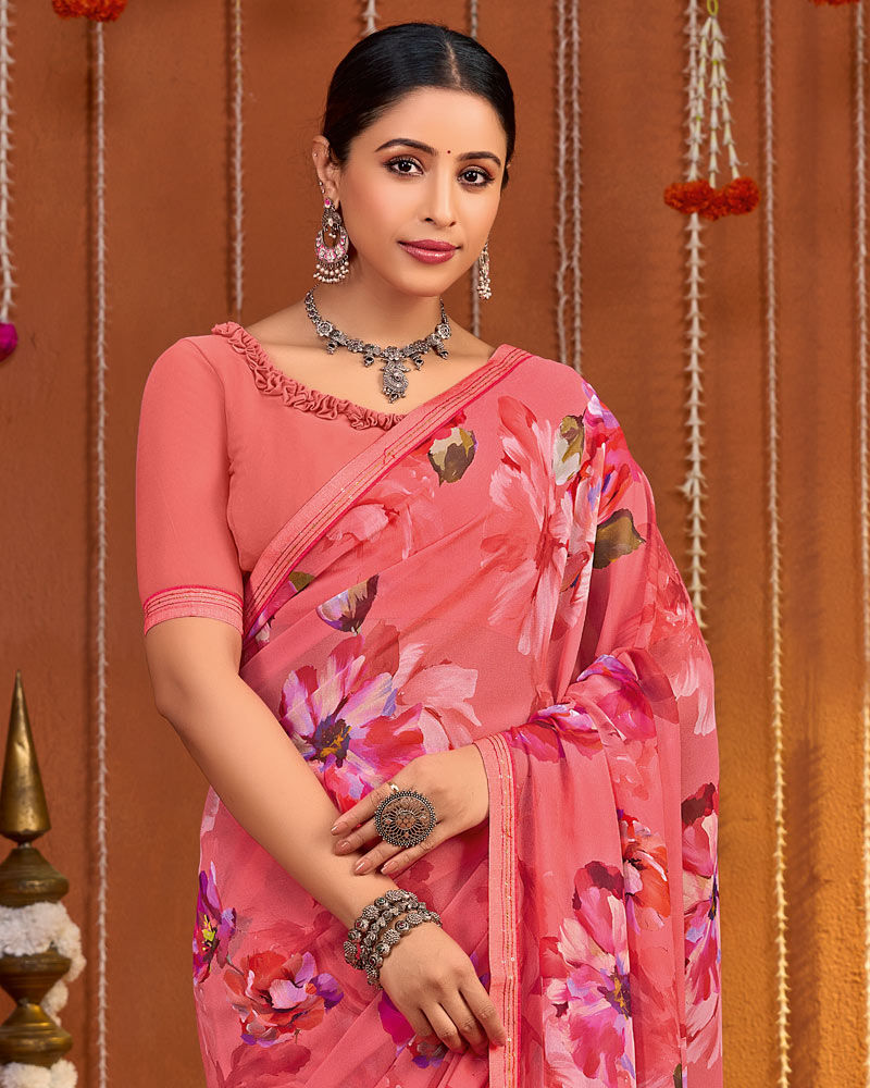 Vishal Prints Dark Pastel Pink Digital Print Georgette Saree With Fancy Border