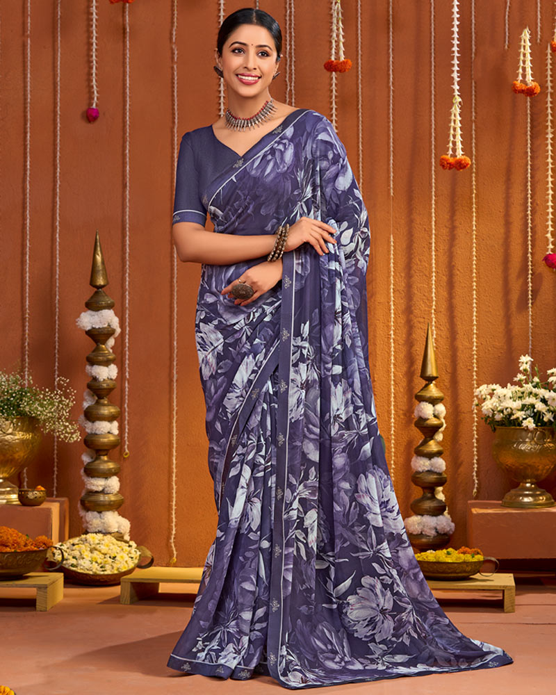 Vishal Prints Purple Taupe Digital Print Georgette Saree With Fancy Border