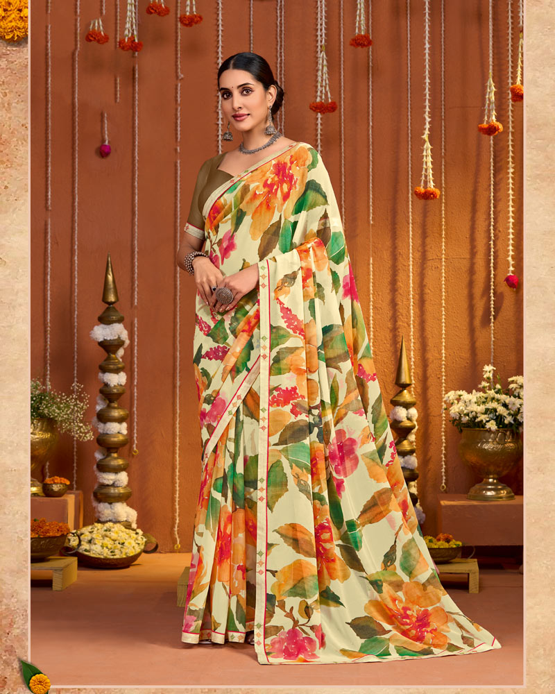 Vishal Prints Light Peach Digital Print Georgette Saree With Fancy Border